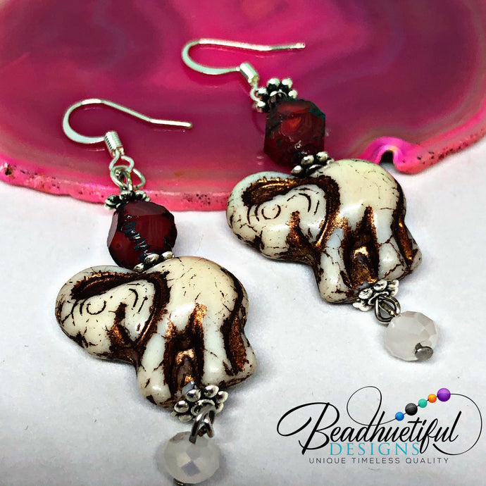 Ivory and Red Elephant Earrings